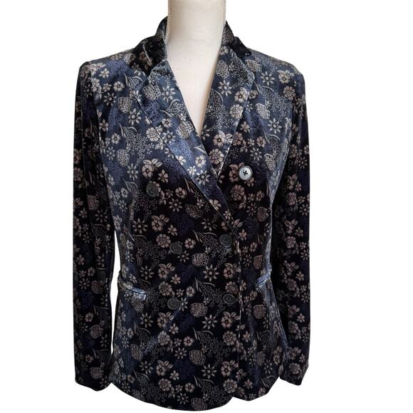 Carolina Belle Montreal Velvet Blazer XS Navy Blue Beige Floral Double Breasted - Picture 1 of 9